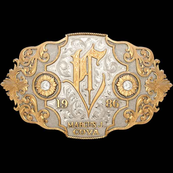 The unique Mescal Belt Buckle is a true work of art. Built on a dual hand engraved and matted silver base with a truly classy golden bronze scrollwork frame, this buckle is perfect for initials and name personalization!